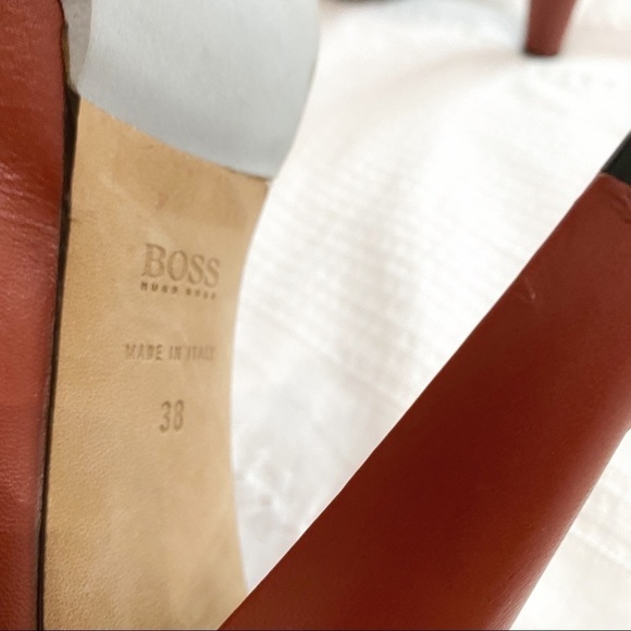 HUGO BOSS COGNAC BROWN LEATHER PEEP TOE HIGH HEELS - 38 - Picture 13 of 13